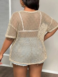 Slaydiva Plus Size Casual Street Style Black Sheer Loose 3/4 Sleeve Round Neck Regular Length T-Shirt, Suitable For Spring And Autumn - Apricot - View 2