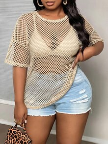 Slaydiva Plus Size Casual Street Style Black Sheer Loose 3/4 Sleeve Round Neck Regular Length T-Shirt, Suitable For Spring And Autumn - Apricot - View 6