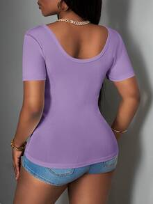 Slaydiva 2025 New Basic Racerback Tank Top For Plus Size Women, Deep V-Neck Ribbed Knit Sleeveless Purple T-Shirt Holiday Summer Smart Sexy Casual Going Out - Mauve Purple - View 2