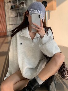 DAZY Women's Loose Fit Pullover Sweatshirt With Collar & Embroidery Pattern,Long Sleeve Tops,Fall Clothes Cute Tops - Grey - View 2