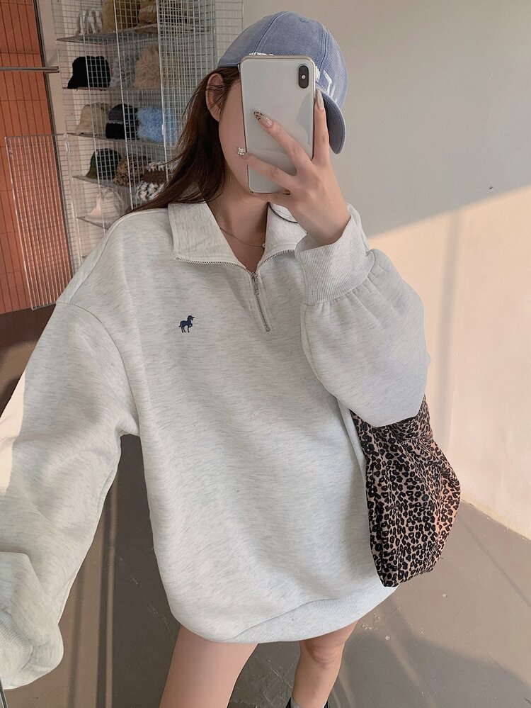 DAZY Women's Loose Fit Pullover Sweatshirt With Collar & Embroidery Pattern,Long Sleeve Tops,Fall Clothes Cute Tops - Grey - View 8