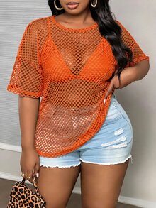 Slaydiva Plus Size Casual Street Style Black Sheer Loose 3/4 Sleeve Round Neck Regular Length T-Shirt, Spring/Autumn - Orange - View 4