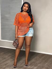 Slaydiva Plus Size Casual Street Style Black Sheer Loose 3/4 Sleeve Round Neck Regular Length T-Shirt, Spring/Autumn - Orange - View 5