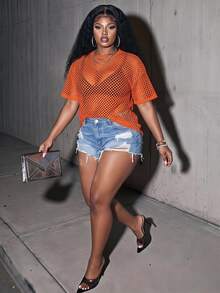 Slaydiva Plus Size Casual Street Style Black Sheer Loose 3/4 Sleeve Round Neck Regular Length T-Shirt, Spring/Autumn - Orange - View 1