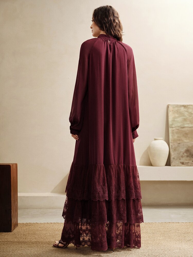 Arave Women's Small Stand Collar Chiffon Woven Multi-Layer Ruffle Design Loose Fit Elegant Date Long Dress - Burgundy - View 4