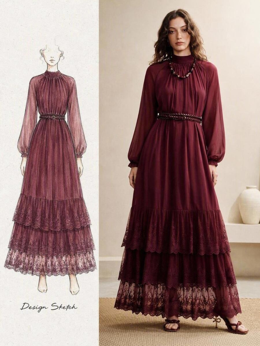 Arave Women's Small Stand Collar Chiffon Woven Multi-Layer Ruffle Design Loose Fit Elegant Date Long Dress - Burgundy - View 1