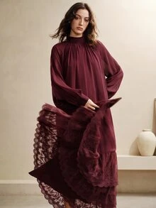 Arave Women's Small Stand Collar Chiffon Woven Multi-Layer Ruffle Design Loose Fit Elegant Date Long Dress - Burgundy - View 9