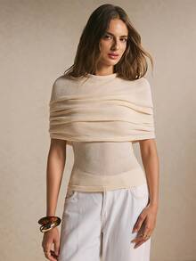 Poéselle Women's Ivory Layered Cape Knit Top – Elegant Crew-Neck Short-Sleeve Textured Sweater With Draped Overlay Going Out Tops Fall/Winter Butter Yellow Top - Apricot - View 3