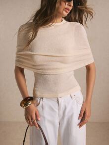 Poéselle Women's Ivory Layered Cape Knit Top – Elegant Crew-Neck Short-Sleeve Textured Sweater With Draped Overlay Going Out Tops Fall/Winter Butter Yellow Top - Apricot - View 5