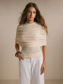 Poéselle Women's Ivory Layered Cape Knit Top – Elegant Crew-Neck Short-Sleeve Textured Sweater With Draped Overlay Going Out Tops Fall/Winter Butter Yellow Top - Apricot - View 4