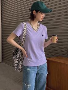 DAZY Women V-Neck Embroidery Short Sleeve Casual T-Shirt Cute Tops - Lilac Purple - View 9