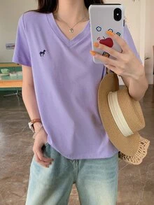 DAZY Women V-Neck Embroidery Short Sleeve Casual T-Shirt Cute Tops - Lilac Purple - View 3