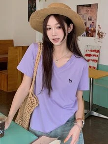 DAZY Women V-Neck Embroidery Short Sleeve Casual T-Shirt Cute Tops - Lilac Purple - View 2