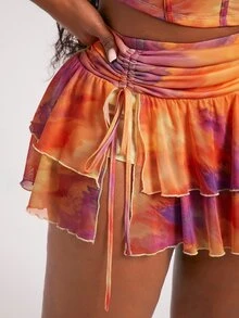Radiana Plus Size Women's 2pcs-SET Pink Summer Boho Casual Vacation Deep V Halter Backless Crop Top Multi-Layer Ruffle Slit Skirt Music Festival Going Out - Orange - View 4