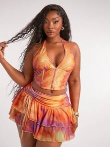 Radiana Plus Size Women's 2pcs-SET Pink Summer Boho Casual Vacation Deep V Halter Backless Crop Top Multi-Layer Ruffle Slit Skirt Music Festival Going Out - Orange - View 6