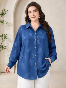 Lacomfia Plus Size Women's Long Sleeve Blouse, Novel Jacquard Fabric, Denim Effect Color, Paisley Floral Pattern - Royal Blue - View 1
