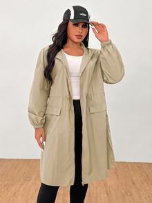 SHEIN EZwear 卡其色大尺碼女款防水連帽外套 - 卡其色 - 查看 8