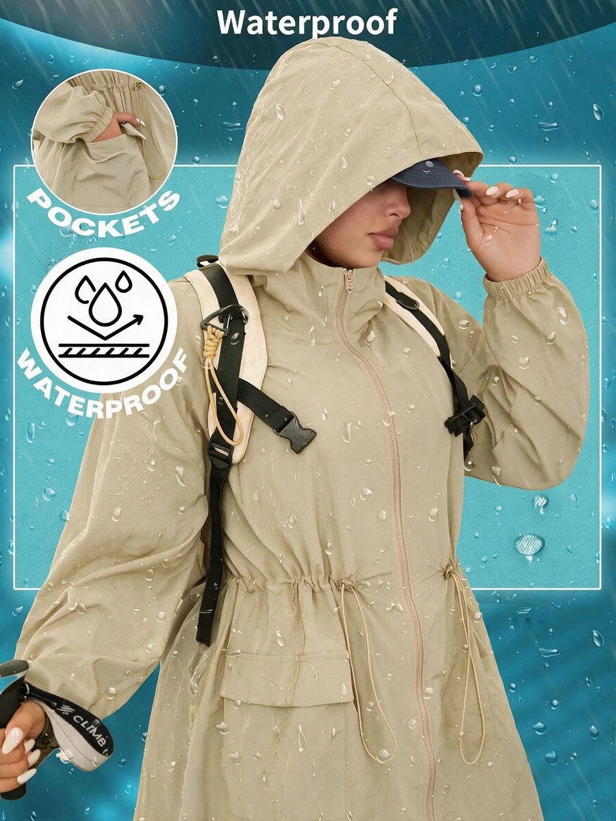 SHEIN EZwear 卡其色大尺碼女款防水連帽外套 - 卡其色 - 查看 1