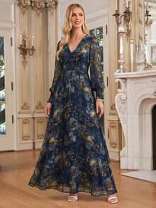 Amorya Vestido elegante con estampado floral y lazo en la cintura para mujer, para fiesta, fiesta de jardín, cena y boda, largo, azul marino, floral, otoño, junio - Multicolor - Ver 7