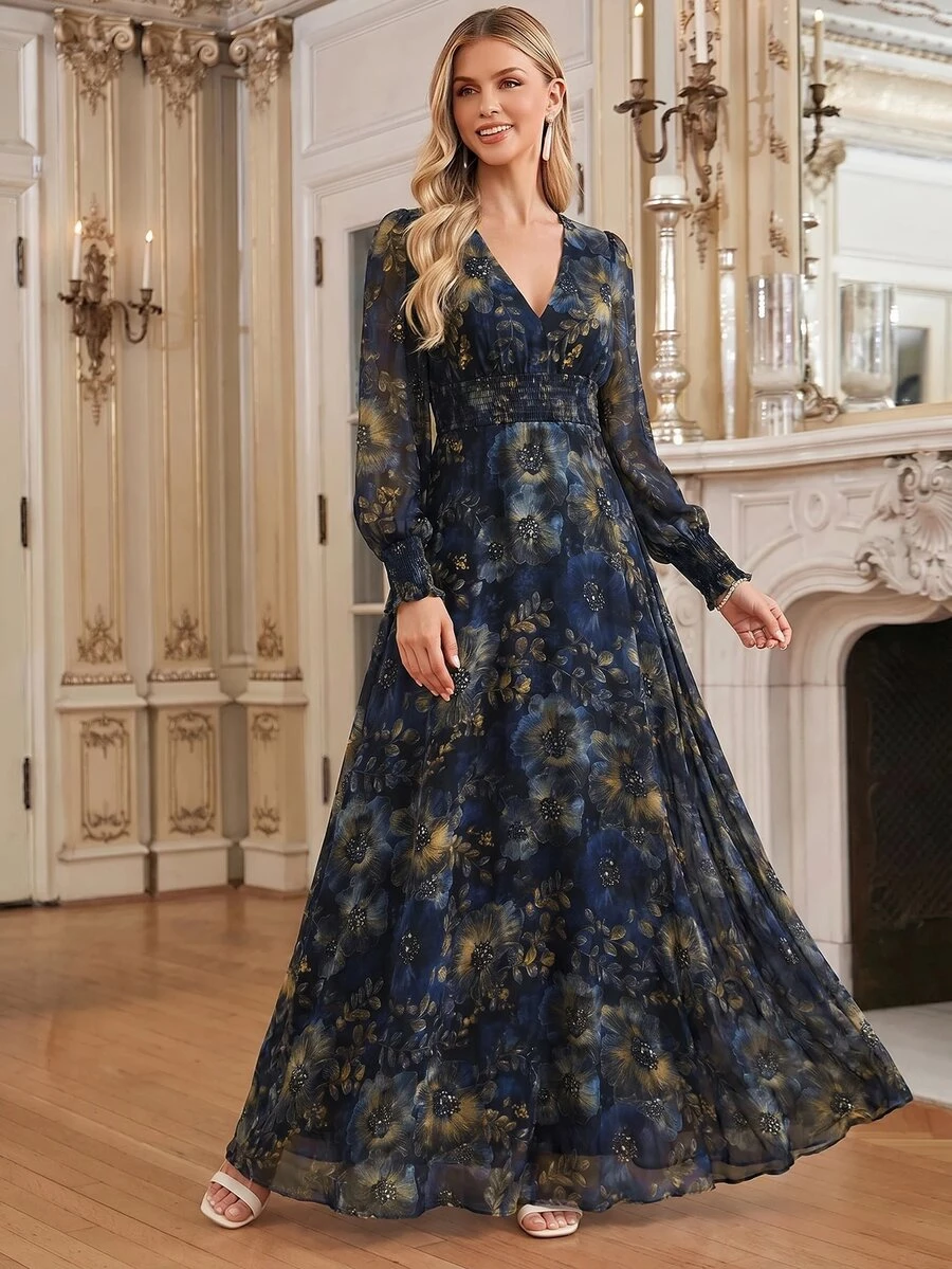 Amorya Vestido elegante con estampado floral y lazo en la cintura para mujer, para fiesta, fiesta de jardín, cena y boda, largo, azul marino, floral, otoño, junio