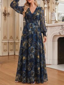 Amorya Vestido elegante con estampado floral y lazo en la cintura para mujer, para fiesta, fiesta de jardín, cena y boda, largo, azul marino, floral, otoño, junio - Multicolor - Ver 8