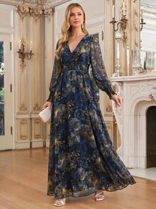 Amorya Vestido elegante con estampado floral y lazo en la cintura para mujer, para fiesta, fiesta de jardín, cena y boda, largo, azul marino, floral, otoño, junio - Multicolor - Ver 5