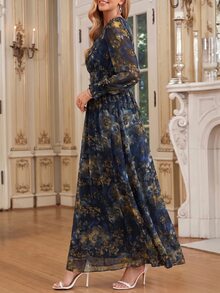 Amorya Vestido elegante con estampado floral y lazo en la cintura para mujer, para fiesta, fiesta de jardín, cena y boda, largo, azul marino, floral, otoño, junio - Multicolor - Ver 3