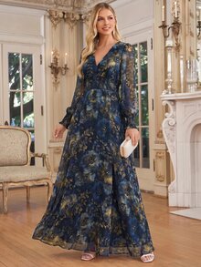 Amorya Vestido elegante con estampado floral y lazo en la cintura para mujer, para fiesta, fiesta de jardín, cena y boda, largo, azul marino, floral, otoño, junio - Multicolor - Ver 6