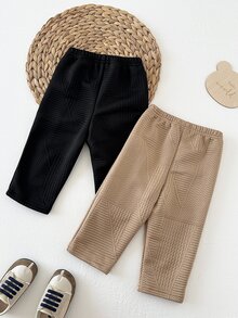 SHEIN Playful Pals 2pcs Baby Boy Pants Trousers Preppy Black Tan Zigzag Quilted Textured Elastic Waist Thick Outdoor Fall Winter Holiday Solid Rib - Khaki - View 2