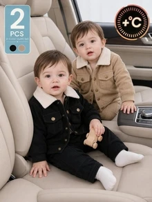 SHEIN Playful Pals 2pcs Baby Boy Pants Trousers Preppy Black Tan Zigzag Quilted Textured Elastic Waist Thick Outdoor Fall Winter Holiday Solid Rib - Khaki - View 3
