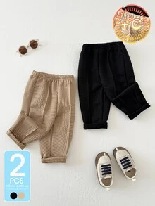 SHEIN Playful Pals 2pcs Baby Boy Pants Trousers Preppy Black Tan Zigzag Quilted Textured Elastic Waist Thick Outdoor Fall Winter Holiday Solid Rib - Khaki - View 6