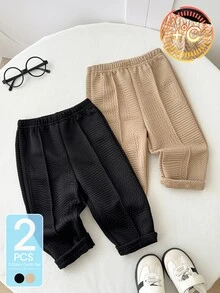 SHEIN Playful Pals 2pcs Baby Boy Pants Trousers Preppy Black Tan Zigzag Quilted Textured Elastic Waist Thick Outdoor Fall Winter Holiday Solid Rib - Khaki - View 1