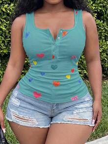 Slaydiva Plus Size Summer Casual Smart Casual Heart Print Tank Top Teal - Green - View 5