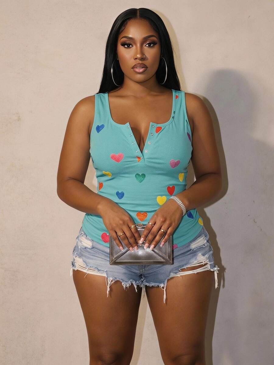 Slaydiva Plus Size Summer Casual Smart Casual Heart Print Tank Top Teal - Green - View 1