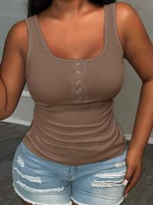 Slaydiva Casual Formal All-Match Brown Cami Top With Deep U-Neck And Racerback Women's Plus-Size,School Club; Teacher; Homecoming Summer - Coffee Brown - View 3