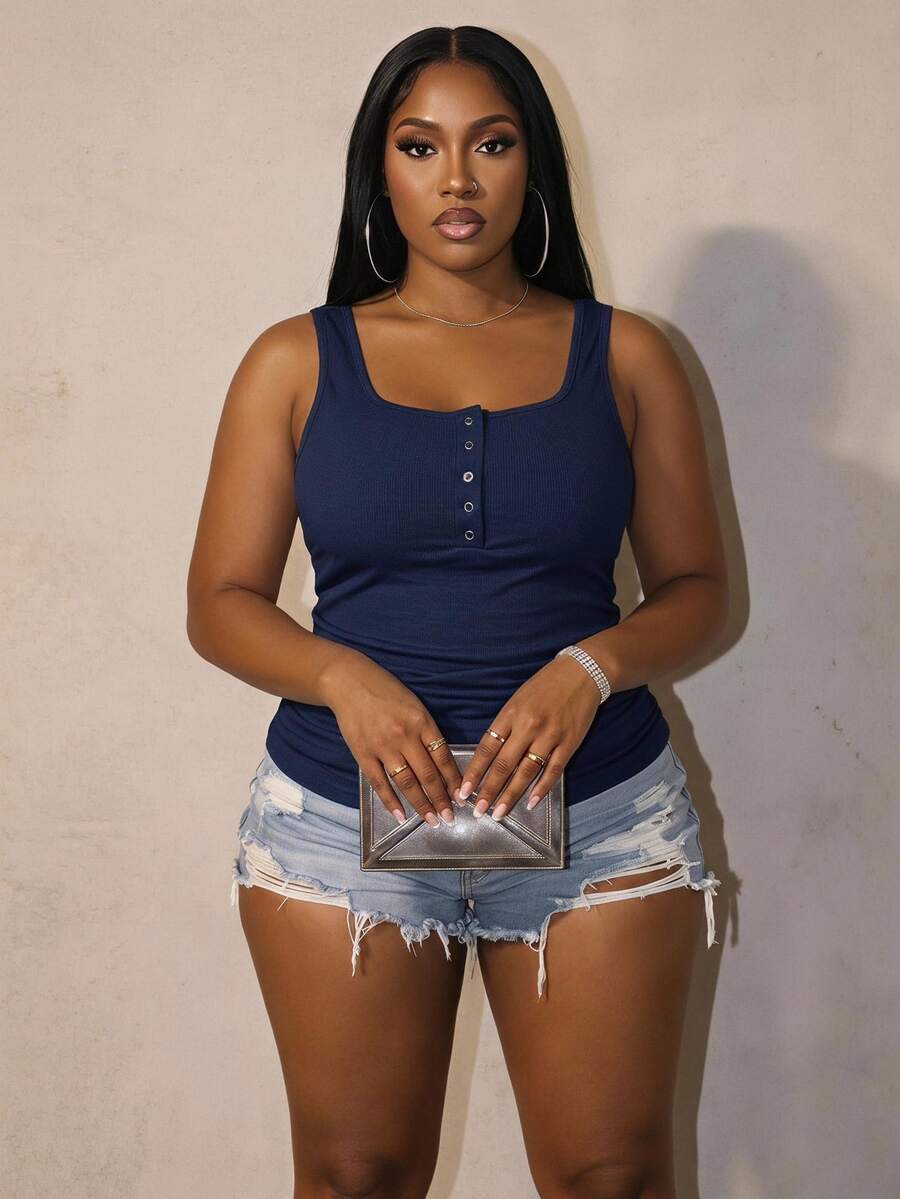 Slaydiva Casual All-Match White Cami Top With Deep U-Neck And Racerback Women's Plus-Size ,School; Teacher; Homecoming - Navy Blue - View 1