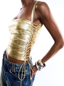 LYSMO Women's Gold Shimmer PU Leather Lace-Up Camisole,Minimalism Summer Y2k Party Crop Top,Side Eyelet Design Fitted Tank Tops,Spring Vest Outfits - Gold - View 6