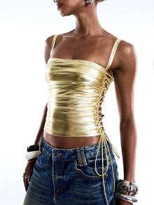 LYSMO Women's Gold Shimmer PU Leather Lace-Up Camisole,Minimalism Summer Y2k Party Crop Top,Side Eyelet Design Fitted Tank Tops,Spring Vest Outfits - Gold - View 5
