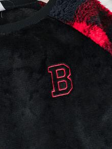 SHEIN 兒童青少年男孩拼色拼接字母刺繡毛絨布家居服 2件套 秋冬聖誕睡衣 - 紅色 - 查看 4