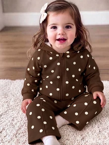 2pcs/Set Baby Girls Yellow Polka Dot Zip-Up Hoodie & Sweatpants Set, Cute Baby Polka Dot Print Hoodie & Long Pants Set - Multicolor - View 4