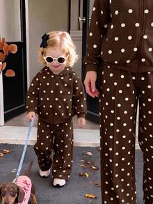 2pcs/Set Baby Girls Yellow Polka Dot Zip-Up Hoodie & Sweatpants Set, Cute Baby Polka Dot Print Hoodie & Long Pants Set - Multicolor - View 3
