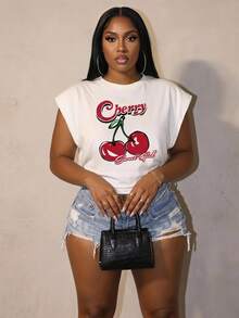 Slaydiva Kaos Ukuran Plus Huruf Buah&Sayuran Casual - Putih - View 1