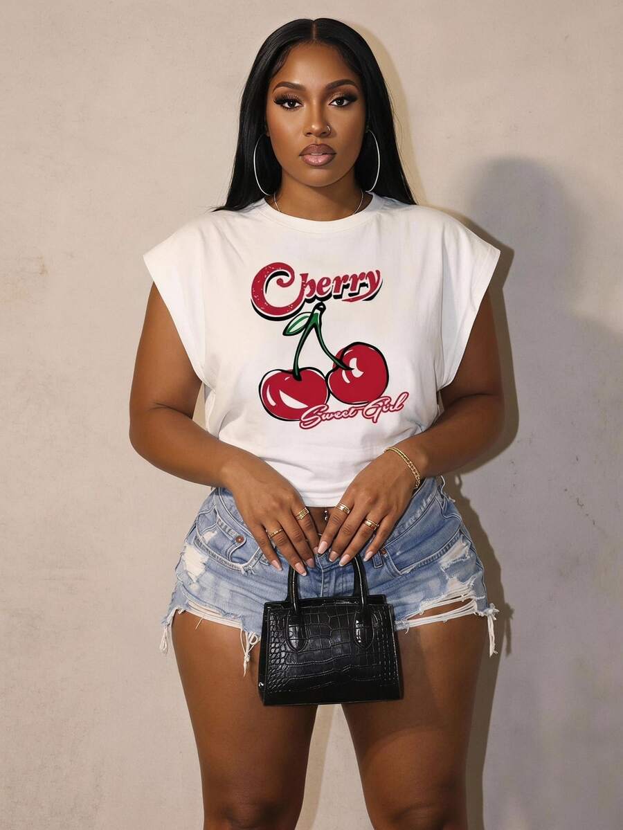 Slaydiva Kaos Ukuran Plus Huruf Buah&Sayuran Casual - Putih - View 1