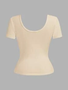 Slaydiva Plus Size V-Neck Button Pleated Slim Casual Short Sleeve T-Shirt, Going Out Tops - Apricot - View 3