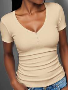 Slaydiva Plus Size V-Neck Button Pleated Slim Casual Short Sleeve T-Shirt, Going Out Tops - Apricot - View 6