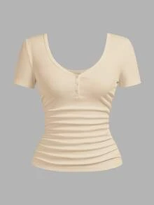Slaydiva Plus Size V-Neck Button Pleated Slim Casual Short Sleeve T-Shirt, Going Out Tops - Apricot - View 4