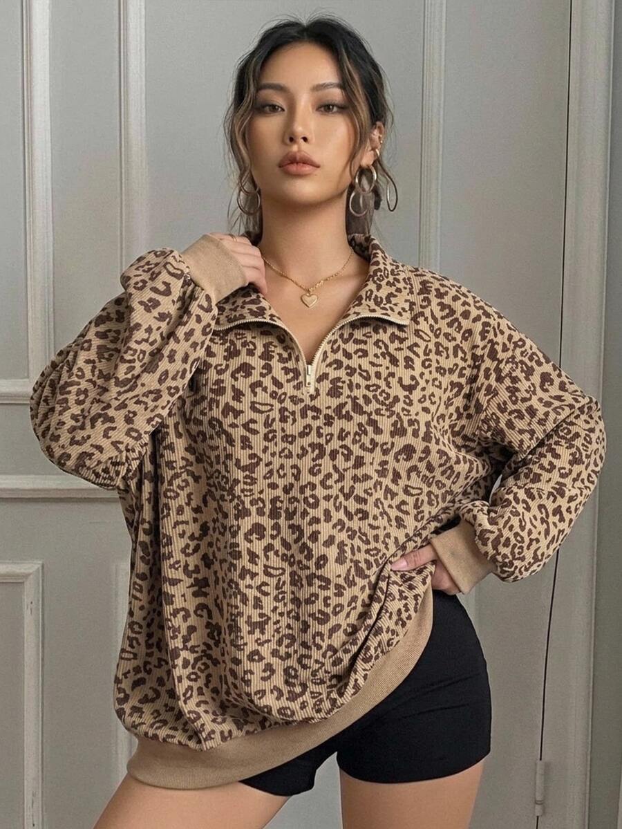 Livesso Curve Plus Size Women's Loose Leopard Print Half-Zip Pullover Sweatshirt, Long Sleeve Streetwear Style - Khaki - View 1