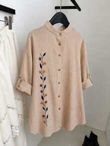 Lacomfia Plus Size Women's Stand Collar Casual Long Sleeve Embroidered Shirt, - Apricot - View 7