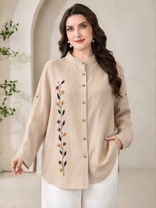 Lacomfia Plus Size Women's Stand Collar Casual Long Sleeve Embroidered Shirt, - Apricot - View 1