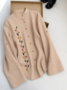 Lacomfia Plus Size Women's Stand Collar Casual Long Sleeve Embroidered Shirt, - Apricot - View 3